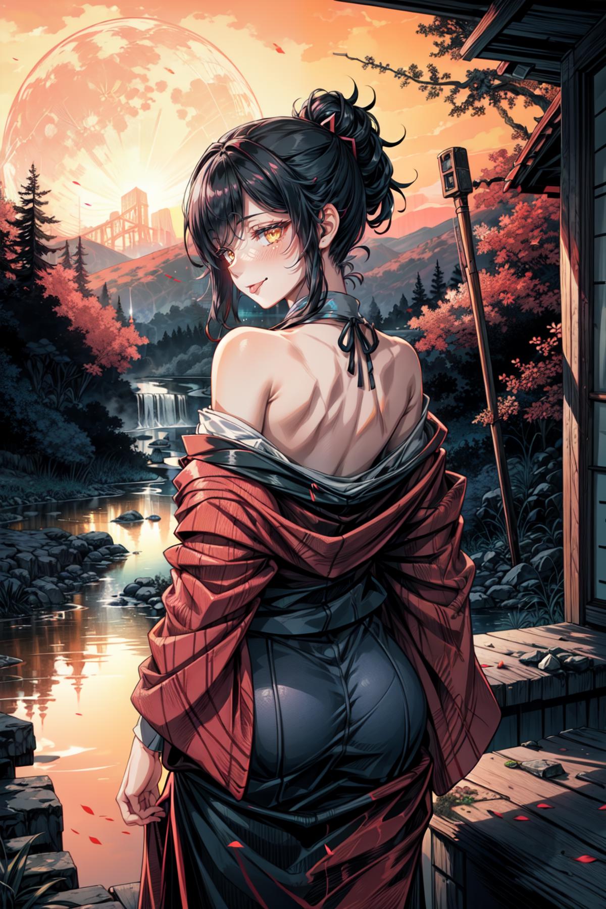 Anime girl standing next to water with a red shirt.