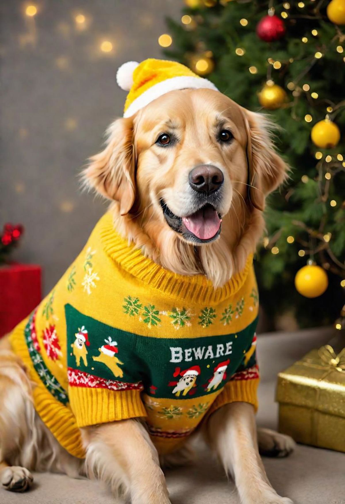 A cute dog wearing a knit sweater with a warning message sits in front of a Christmas tree.