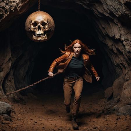 Woman running towards the camera, inside a dark cave. A giant rocky sphere is behind her.
She's wearing a brown fedora, brown leather jacket, baggy pants.  There are lots of skulls and bones on the ground.
She has a worried look on her face.  She has long flowing orange hair.
A leather whip is coiled up on her hip.