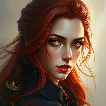A woman with Red hair and Luminous eyes looks at the camera, Beautiful picture of the character, character portrait, character portrait,  Charlie Bowater character art, epic portrait illustration, подробныи character portrait, neo-artcore and Charlie Bowater, high quality portrait, fantasy concept art portrait, detailed matte fantasy portrait, charlie bowater art style, Detailed beautiful portrait, fantasy art portrait, dark, chiaroscuro, low-key, oil and watercolor painting