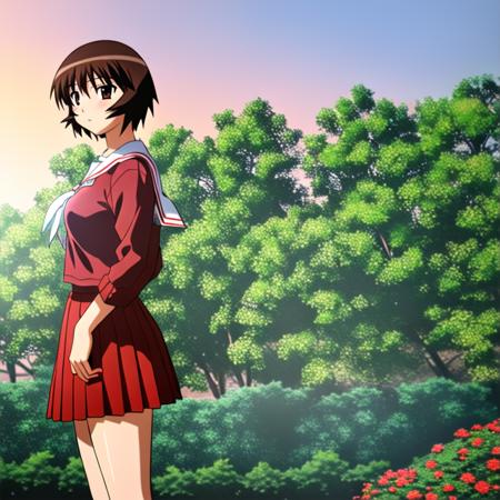 <lora:KaguraLoRA:1>, masterpiece, detailed, 1girl, solo, (full body) kagura, brown hair, short hair, brown eyes, dark skin, looking at viewer, school uniform, serafuku, (red shirt), (red skirt), outdoors, lighting