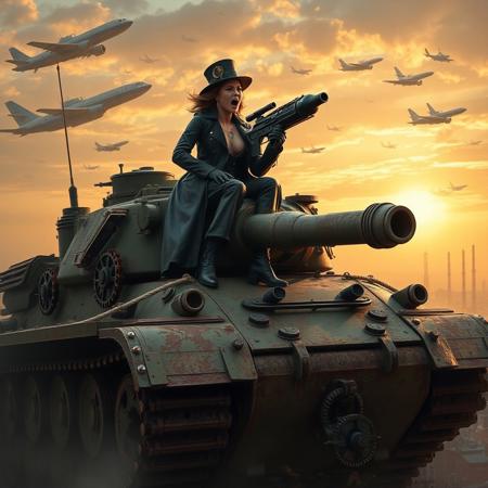 realistic, (((photo))), best quality,amazing quality,masterpiece,fantastic, A woman decked out in steampunk full length leather coat, steampunk top hat, and leather vest with cutout chest showing cleavage, chunky black, muddy boots, sits atop the turret of  a very large ((camouflaged but covered in rust)) heavily inspired steampunk, worn torn tank that is adorned dark green rusted gears, whistles and broken pipes, the woman is screaming at the top of her voice holding a steampunk inspired machine gun with gears. The background is a steampunk battleground with airships descending and airplanes zooming around. The sky is tinged with warm tones of a setting sun, casting a golden glow on the ships and creating dramatic shadows. Below, hints of a sprawling industrial cityscape with towering smokestacks, gears, and ornate ironwork give a sense of scale and depth, enhancing the steampunk atmosphere. The scene is alive with detail, from the gleaming metal accents to the swirling smoke and clouds, creating an immersive and vibrant steampunk world.