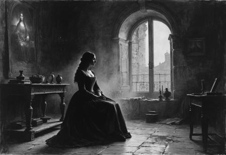 Charcoal Drawing, Crayons, Black Pencil Drawing, Pencil Drawing, Black and White Drawing, Graphite Drawing, Masterpiece, ((Masterpiece, Best Quality, High Quality, High Resolution, Ultra Detail)), (Best Quality, 8K, High Resolution, Exceptional Detail, outstanding composition: 1.4), art by Jeremy Mann, dramatic lighting, hard-painting aesthetic: 0.1), subdued digital painting of the Mona Lisa sitting in her castle and holding the audience. The room is dusty, rays of light cut through the darkness, creating a gloomy atmosphere. Mona Lisa watches the siege of the city from the window of her castle, her expression both powerful and contemplative. The room is detailed, has intricate Roman architecture and subtle hints of luxury and decadence. Capture the intrigue and drama of Ancient Rome in this exciting and detailed work of art