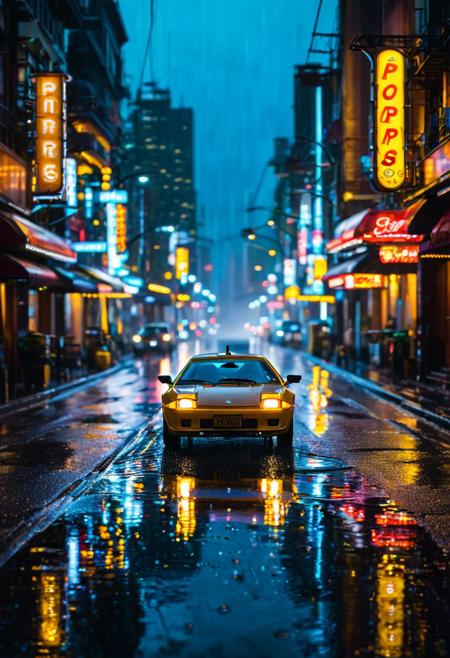 Imagine a solitary figure, their silhouette reflected in the wet pavement, framed by the vibrant cityscape at night. The city lights create a mesmerizing bokeh blur, with their colors shimmering in puddles. Use a telephoto lens, Canon EF 70-200mm f/2.8L IS III USM, to compress perspective and emphasize the sharp silhouette. Capture intricate bokeh details - from soft streetlight glow to vibrant reflections on wet roads. A slow shutter speed of 1/15s blurs water movement, adding dreaminess. Introduce a small toy car on the wet road, its bright color standing out. Use a shallow depth of field to separate it, creating a unique focal point. Enhance clarity and sharpness of raindrops, showcasing their delicate beauty. Rely on ambient city lights - warm streetlights and vibrant neon signs - to illuminate the scene, creating a magical atmosphere. Boost warmth and saturation of city lights, making them pop. A wide dynamic range captures delicate rain streaks and glowing reflections. For a stunning 4K wallpaper, enhance contrast and clarity, showcasing intricate silhouette details, beautiful bokeh, and raindrops on the tiny car, evoking wonder and storytelling in this urban reflection under rainfall.