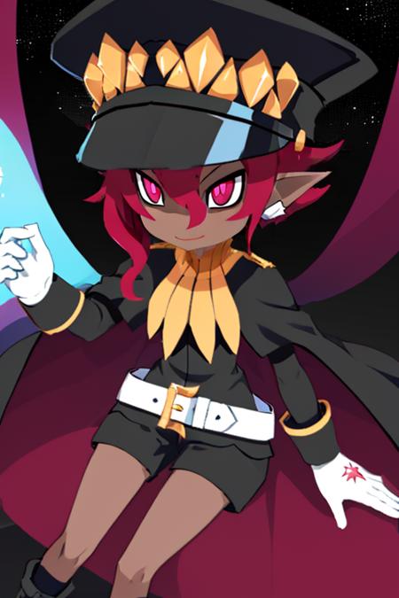 Psychic, short  lavender hair , pink eyes, pointy ears ,dark skin ,   sitting, 
PsyATT,white gloves, earrings ,black shorts , black boots, white belt , black uniform with long sleeves , shako cap, cape,
outer space, milky way, stars, open military base, 
(insanely detailed, beautiful detailed face, masterpiece, best quality)       <lora:Psychic:0.8>