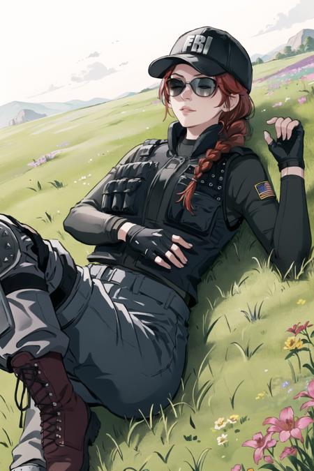 (masterpiece, best quality:1.2),  <lora:ash_(rainbow_six_siege):.95>, ash (rainbow six siege), 1girl, solo, hat, gloves, breasts, boots, baseball cap, pants, red hair, knee pads, black gloves, uniform, bulletproof vest, military, single braid, long sleeves, braided ponytail, braid, fingerless gloves, sunglasses, lying in a field of flowers, daydreaming, eyes closed