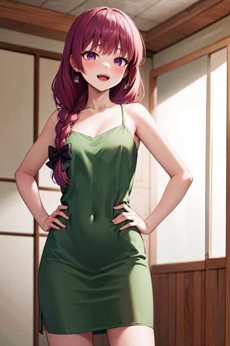 aakikuri, long hair, single braid, hair bow, hair over shoulder, purple eyes, sharp teeth, medium breasts, green dress, letterman jacket, two-tone jacket, open jacket, long sleeves aakikuri, long hair, single braid, hair bow, hair over shoulder, purple eyes, sharp teeth, medium breasts, green dress, sleeveless