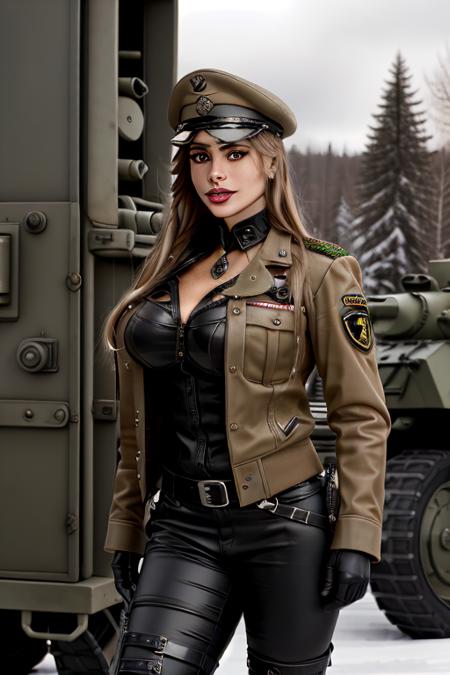 beautiful Sofia Vergara posing as a worls war 2 diesel punk army officer, black leather german uniform, wearing leather army hat, photo referenced, highest quality, high quality, (detailed face and eyes), dusk lighting, high boots, strong makeup, industrial, outdoor snow forest background  <lora:Sofia Vergara:0.9>