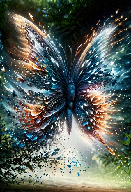 close up, crystal butterfly, in a magical forest, lots of fairy lights, intricate details, texture, depth, vitality, movement, dynamics, energy, vitality, glowing lighting, soft lighting, fantastic, epic scene, super detailed, 8K., Miki Asai Macro photography, close-up, hyper detailed, trending on artstation, sharp focus, studio photo, intricate details, highly detailed, by greg rutkowski,  ral_dissolve  <lora:ral-dissolve:1.8>