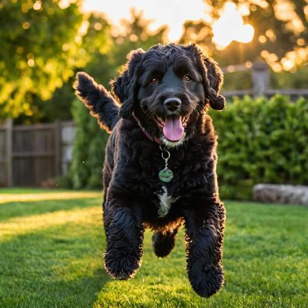 Portuguese Water Dog,
mid-tumble over a well-worn football, 
tongue lolling out in a wide grin, 
evening golden light casting elongated shadows, 
playful scene unfolding in a lush, 
green backyard, 
focus on gleeful expression, 
fur texture detailed, 
dynamic motion blur emphasizing playfulness, 
shallow depth of field with bokeh effect in background, 
sun flare, 
digital painting, 
vibrant color palette, 
high resolution.