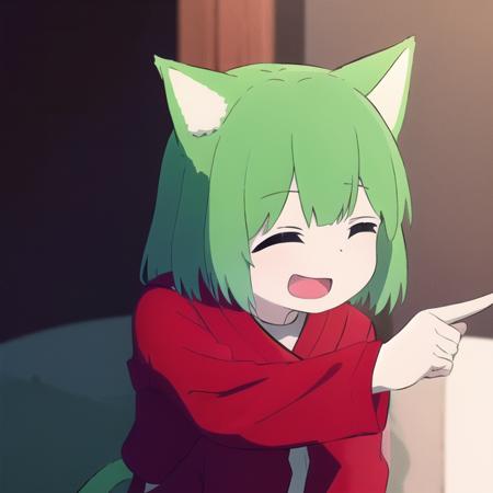 <lora:That's_it_n1:1>,upper_body, 1 girl,cat ears,Red clothes, Green hair