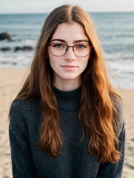 a portrait photo of jane_noexist wearing glasses, straight hair, (freckles:0.9), on a beach