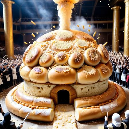 a battle arena built from crusted bun segments, walls oozing filling with every impact, soft bread columns collapsing into fluff, fighters wearing armor baked from savory crusts, crowd tossing sesame petals into the air, Buns