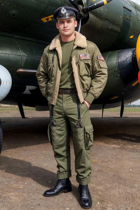 1940's style, standing at an airfield, standing in front of a American World War II bomber, B-29 bomber, HaydenRichards dressed as an American (World War II bomber pilot), (bomber jacket), (fur collar), olive drab shirt, trousers,  olive drab socks, Russet brown shoes, officer's cap, bomber pilot, slight smile, looking at viewer, masterpiece, ((full body portrait))  <lora:HaydenRichards:0.9>