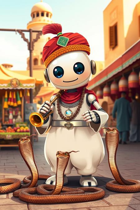 realistic illustration of a cute round robot dresses as Moroccan snake charmer, charming snakes with a trumpet, exotic market, hot weather, sunshine and shadows,