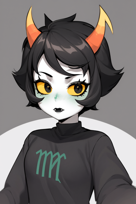 masterpiece, best quality, 1girl, kanaya, colored skin, black eyes, yellow sclera, black hair, short hair, horns, fangs, closed mouth, black lipstick, black shirt, closeup, looking at viewer, sketch, simple background <lora:KanayaMaryam:1>