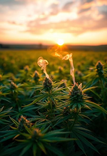 vibrant cannabis field, (lush green leaves:1.4), (sunset glow:1.2) casting warm light over the plants, (detailed textures:1.5), smoke swirling softly in the air, (cannabis buds:1.3) glistening with trichomes, peaceful and serene atmosphere, (natural light:1.4), wide field stretching into the distance, (colorful sky:1.2) with shades of pink and orange, (high-definition:1.6), (ultra-realistic textures:1.5), close-up details of cannabis plants, (soft focus in the background:1.2), modern, laid-back aesthetic, perfect for a cannabis culture feature, chill and relaxed vibe, (overexposed:-1.4), (unnatural colors:-1.5), (blurry:-1.6), (low-resolution:-1.7), (harsh lighting:-1.5), (distorted textures:-1.6)