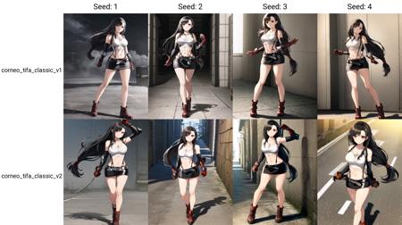 best quality, 1girl, black hair, long hair, low tied hair, red eyes, smile, standing, full body, corneo_tifa_classic_v1