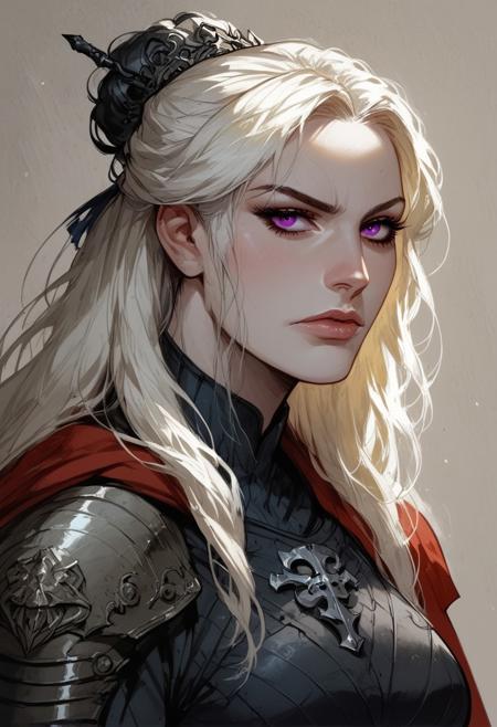 score_9, score_8_up, score_7_up, BREAK,
1girl, imposing, late twenties, close portrait, imposing, ((pale skin)), (straight hair), (white blonde hair), long hair, updo hair, Noble hairstyle, purple eyes, violet eyes, medium breasts, thin lips, red eyes, mature woman, neat hair, black iron armor, scale armor, red cape, closed mouth, arrogant, arms at sides, warrior princess,