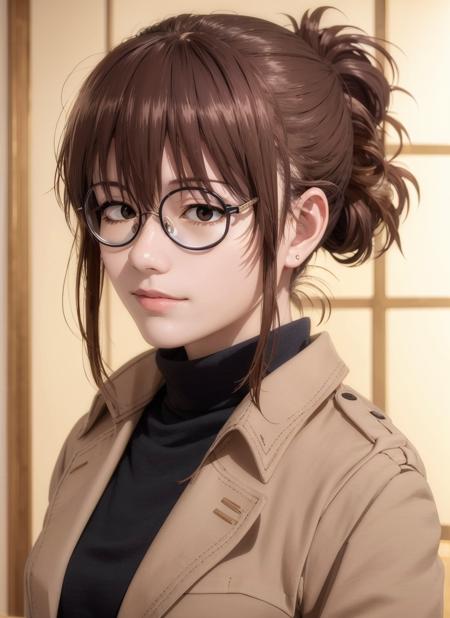 masterpiece, (photorealistic:1.5), best quality, beautiful lighting, 1girl, solo, <lora:uguisuAnkoYofukashiNo_v10:0.6>, uguisu_anko, glasses, round eyewear, brown hair, folded ponytail, black eyes, turtleneck sweater, black sweater, trench coat, brown coat, open coat, portrait, indoors, japanese woman