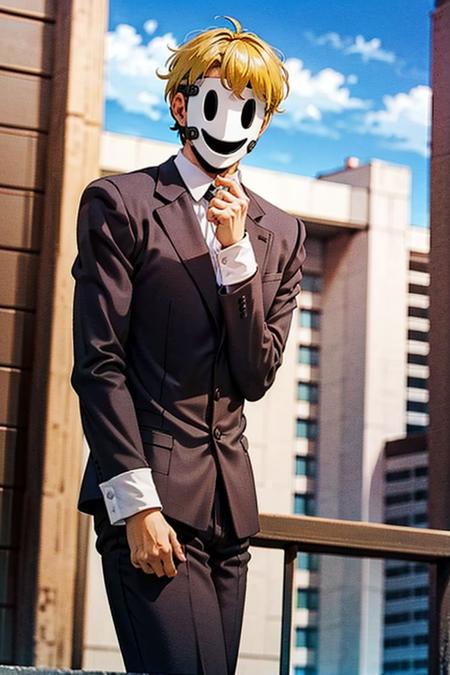 (masterpiece:1.4), (best quality), (detailed), (highres) BREAK
<lora:highrise:0.7>, (highrise_mask:0.5), mask on head, smile, blonde hair, 1boy, male focus, ascot, formal, gloves, medium hair, outdoors, jacket