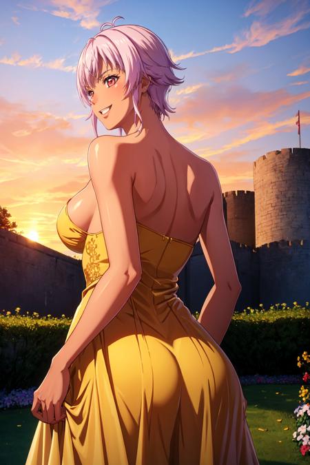 (masterpiece, best quality), outdoors, garden, sunset, solo, GladysManityro, GladysManityroOutfit, dark-skinned female, short hair, red eyes, large breasts, <lora:GladysVonWalkenheim_V1-Manityro-AdamW:0.95>, toned, happy, yellow sundress, from behind, looking back,