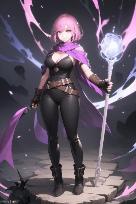 <lora:jun_(seojh1029)_v0.1:1> 
1girl, solo, breasts, smile, short hair, large breasts, gloves, holding, cleavage, closed mouth, full body, pink hair, boots, belt, fingerless gloves, pink eyes, scarf, cape, staff, holding staff, magic, masterpiece, best quality, highly detailed