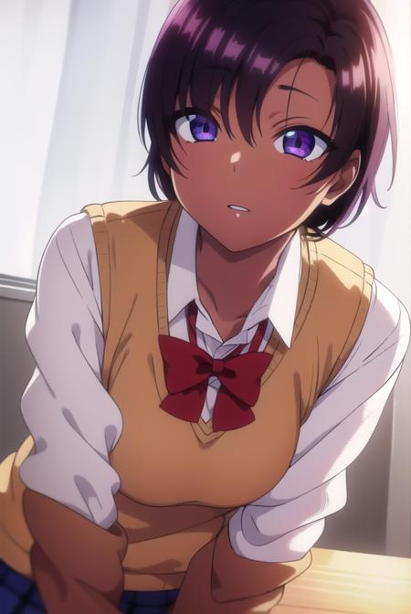 saehinata, <lora:saehinata-lora-nochekaiser:1>, 
sae hinata, blue eyes, purple hair, dark skin, dark-skinned female, short hair,
BREAK shirt, bow, school uniform, white shirt, collared shirt, bowtie, red bow, sweater vest, brown sweater,
BREAK looking at viewer,
BREAK indoors, classroom,
BREAK <lora:GoodHands-vanilla:1>, (masterpiece:1.2), best quality, high resolution, unity 8k wallpaper, (illustration:0.8), (beautiful detailed eyes:1.6), extremely detailed face, perfect lighting, extremely detailed CG, (perfect hands, perfect anatomy),