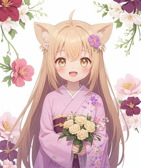 yuzu \(konohana kitan\),  1girl, long sleeves, wide sleeves, obi, pink kimono, hakama skirt, hair between eyes, ahoge