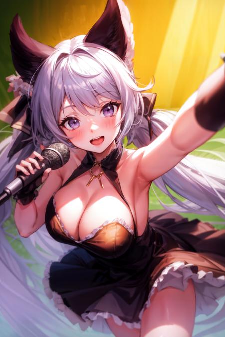 1girl, animal ears, armpits, bangs, bare shoulders, black dress, blurry, blurry foreground, blush, breasts, cleavage, depth of field, dress, frills, hair ornament, holding, holding microphone, large breasts, long hair, looking at viewer, low twintails, microphone, open mouth, outstretched arm, purple eyes, reaching out, smile, twintails,