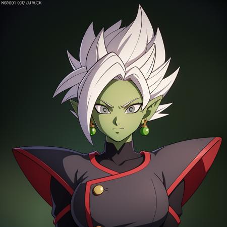 Best_QualityPos, RAW photo, intricate details, best quality, 8k uhd, soft lighting, 1girl, solo, large breasts, colored skin, green skin, spiked hair, white hair, grey eyes, earrings, dougi <lora:Fusion_Zamasu:0.6>