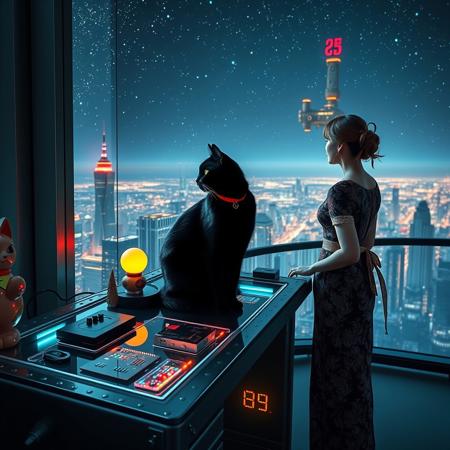 A sleek black cat with red collar sits on a cluttered metal riveted desk with transparent top and micro-LED lighted computer components visible inside, On the desk are a maneki neko statue and a lava lamp, the Black Cat is looking out of a seamless and futuristic floor to ceiling window that looks out at the lights of enormous buildings and cities far below, (((a beautiful woman, 24 years old, is standing next to the desk the cat is sitting on and looking longingly out the window, the woman is dressed in an ornate elegant Chinese style dress. An enormous deco-cyberpunk starship with futuristic lighting and an enormous space station are visible in the background among the stars, The woman's hair is elegantly tied up with a ribbon. Artistic cyberpunk, dynamic perspective, (((overall architectural aesthetic is Art Deco Cyberpunk))).  Epic image that elicits a feeling of wonder and awe, part of the interior is visible,