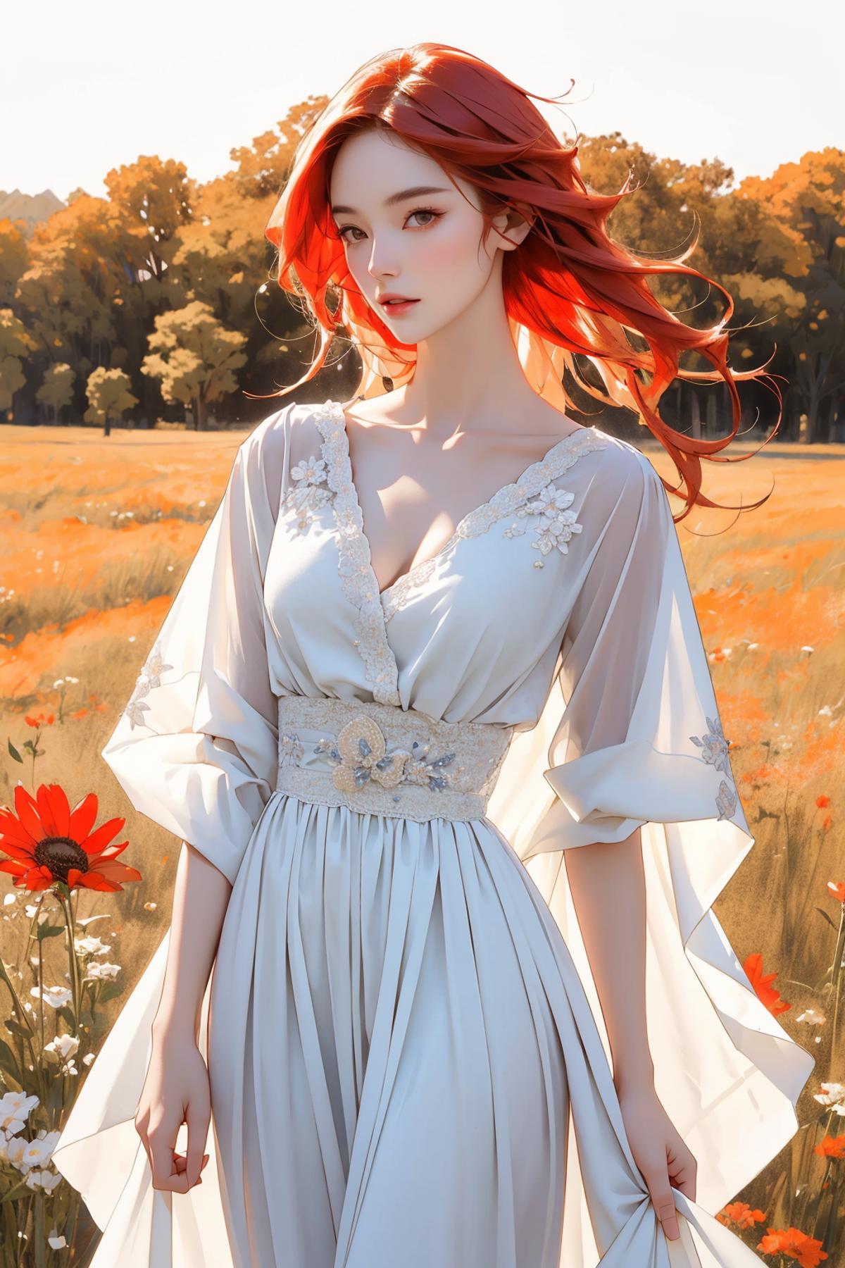 A red-haired anime girl with a white dress walking through a field of flowers.