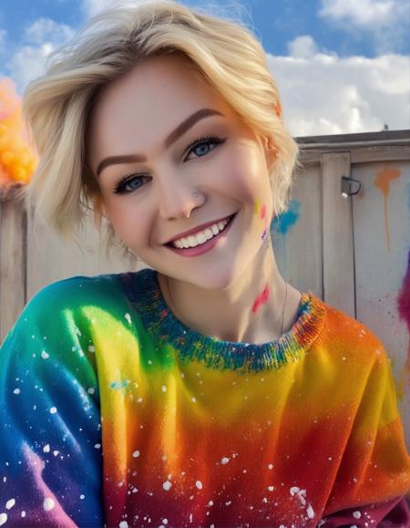 a photo of kallmekris woman, snapshot aesthetic, dramatic lighting, color cannon explosion, savage smile, paint on body, rainbow collored sweater,splash, particles, dynamic background,, (masterpiece, best quality, ultra-detailed, best shadow), high contrast, (best illumination), ((cinematic light)), colorful, hyper detail,