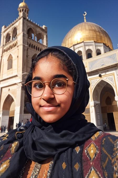 upper body, portrait of 1girl in front of ancient mosque building, Zainabtt <lora:zainabtt:1.5>, women with glasses, hight tower, golden dome, epic, dawn, dramatic lighting, 
detailed skin, detailed eyes, detailed face,
high quality, volumetric light, highrez, masterpiece, best quality,