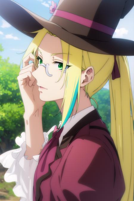 fruitofevolutionvitor, <lora:fruitofevolution vitor s2-lora-nochekaiser:1>,
vitor, long hair, blonde hair, (green eyes:1.3), ponytail, male focus, multicolored hair, glasses, makeup,
BREAK hat, pants, ascot, top hat, monocle,
BREAK outdoors, nature, forest, grass, 
BREAK looking at viewer,
BREAK <lyco:GoodHands-beta2:1>, (masterpiece:1.2), best quality, high resolution, unity 8k wallpaper, (illustration:0.8), (beautiful detailed eyes:1.6), extremely detailed face, perfect lighting, extremely detailed CG, (perfect hands, perfect anatomy),