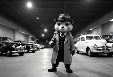 a 1940's noir chibi otter detective walking through a parking garage filled with cars holding a revolver, the full moon in the evening sky a street light in the distance. otter detective, revolver, 1940's cars, fedora, trench coat, full moon, street light, black and white,