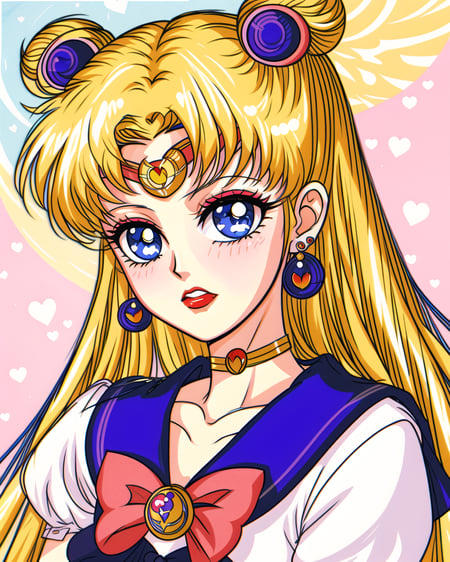 1990s \(style\), (sailor moon:1.3), 1girl, bangs, blonde hair, blue eyes, blue sailor, collar, bow, bowtie, brooch, choker, circlet, gold crescent earrings, double bun, elbow gloves, hair bun, heart choker, jewelry long hair parted bangs red bow red bowtie red choker sailor collar shirt short sleeves solo tsuki ni kawatte oshioki yo very long hair white gloves white shirt sailor moon tsukino usagi highres inkfy bishoujo senshi 
 <lora:90s_Vibe:0.5>