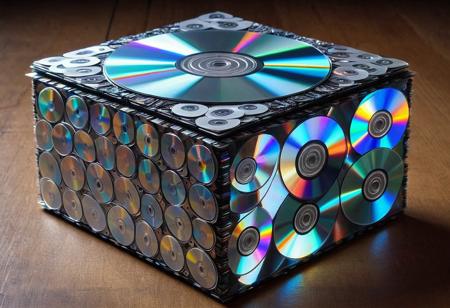 1music box, indoors, modern twist, astonishing, made of cd's, 4k, highly detailed