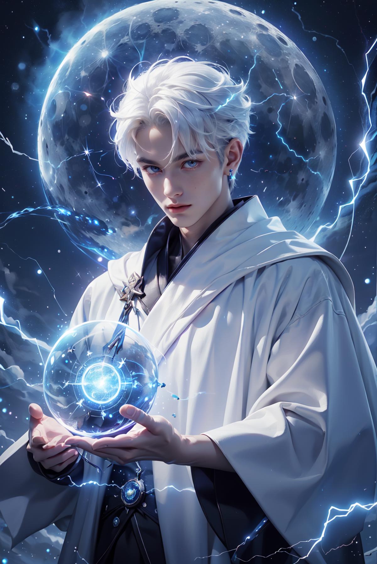 A young man with white hair holding a blue ball in front of a moon.