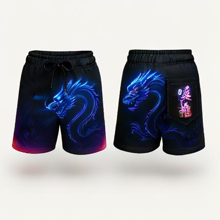 unique design based on that theme. It is in an anime art style, front and back. It is a neon Dragon with chinese neon writing on the back pocket. It uses a black short with partial bright coloring, front and back. This is a deep ocean underwater theme using unique