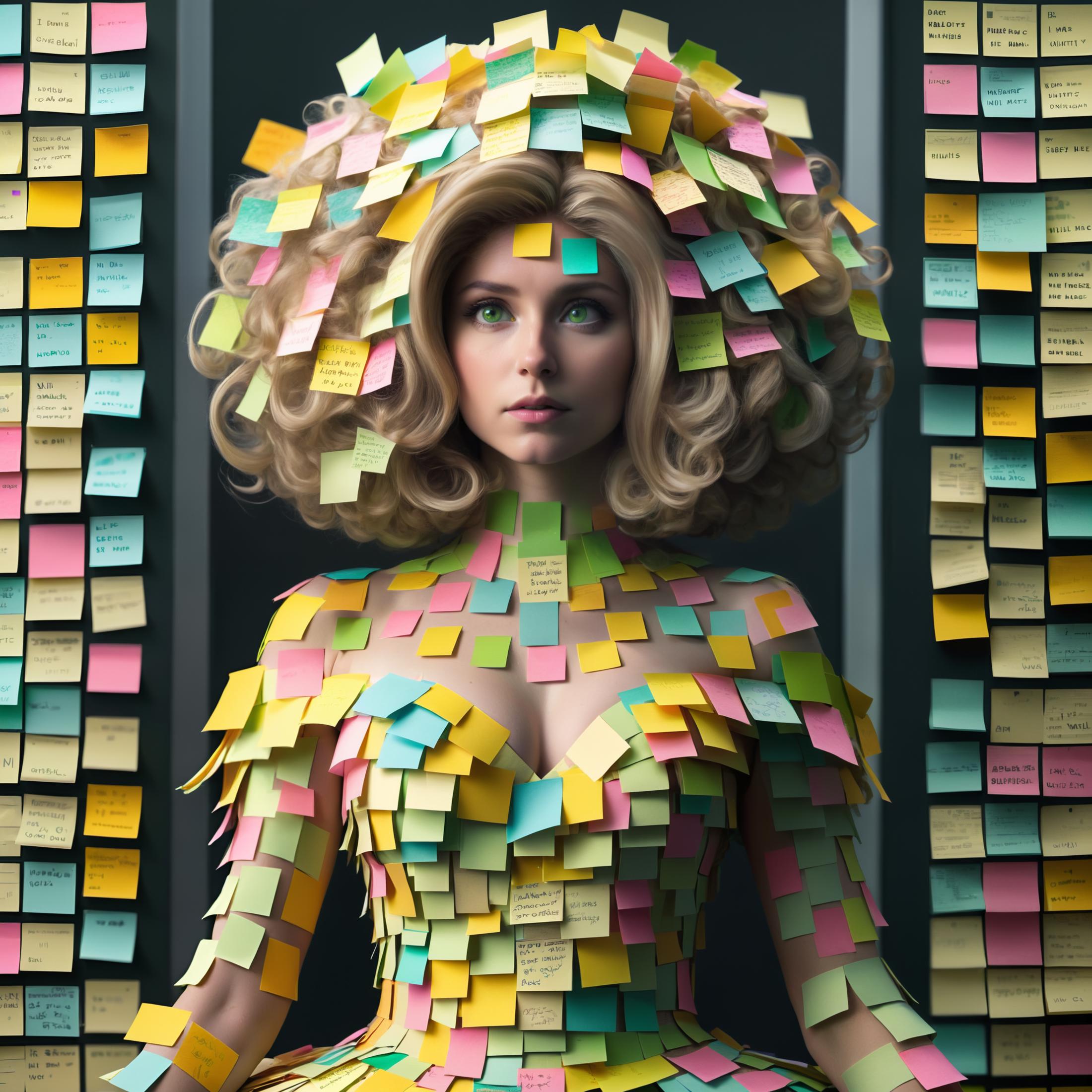A woman wearing a dress made of post-it notes.