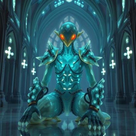 Masterpiece 4 protozoa/humanoid, bioluminescence translucent  body, with no ears and no nose, 32k, 16k, 8k, masterpiece, cinematic art, Kaiju bioluminescence translucent armor, sitting in a bioluminescence translucent cathedral,