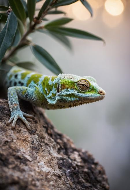 (macro shot), (closeup:2),  (moody), (fog), (humid), (steamy), (professional art photo), gecko climbing on old mediterranean stonewall,   turning head, (bokeh), olive tree