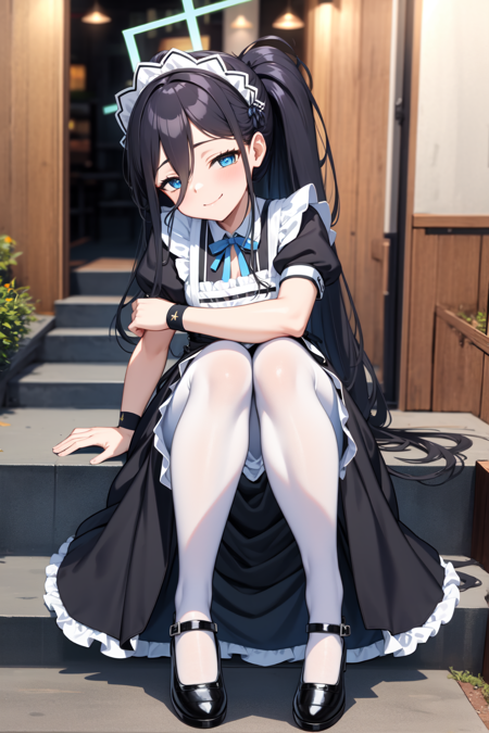 alice, blue eyes, black hair, very long hair, hair between eyes, halo white jacket, long sleeves, open jacket, collared shirt, blue necktie, black skirt, pleated skirt, black socks, white footwear