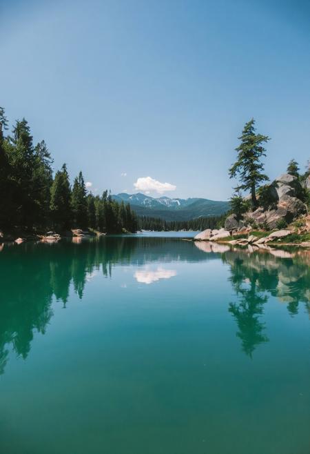 A picturesque landscape is showcased in this image, with a calm lake at its center. The water is still enough to act as a mirror for the clear sky above, which features a few white clouds. Tall trees with dense foliage line one side of the lake, while large rocks and boulders are visible on the other. In the distance, mountains rise against the horizon, adding depth to the scene. The colors predominantly consist of various shades of green and blue, creating a serene and natural atmosphere.