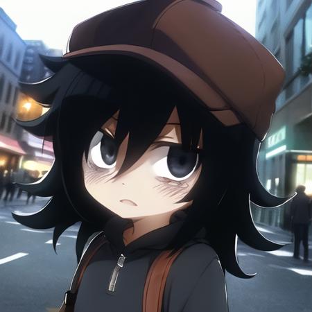 (masterpiece, detailed), kuroki-tomoko, bags under eyes, black hooded pullover, red cap, brown shorts, (crowded street background), looking at viewer, american shot, <lora:tomoko-kuroki-v2-2:1>