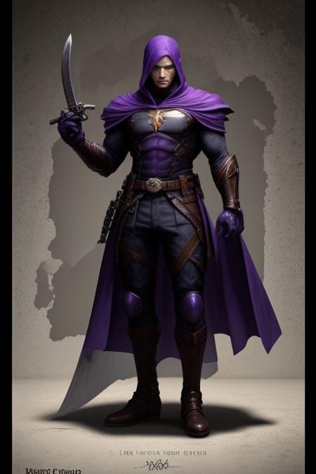 Runecutter, male sword master , superhero with fencing runeblade and portal . Dark purple and gold trim