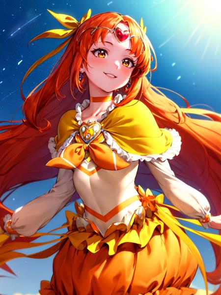 masterpiece, best quality, looking_at_viewer, depth_of_field, cowboy shot, 
1girl, <lora:locon_cure_muse_01_release:0.9>, cure muse, orange hair, hair ribbon, yellow choker, jewelry, brooch, capelet, tiara,
smile, standing, gradient background,