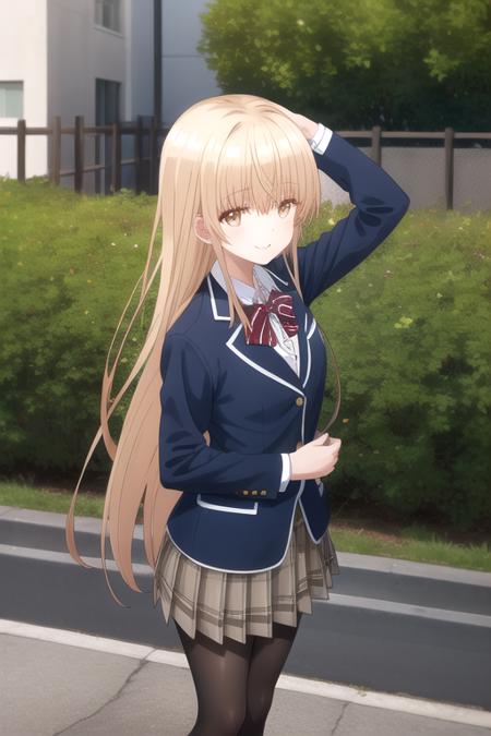 very long hair,blonde hair,straight hair,sidelocks,hair between eyes,blunt bangs,yellow eyes school uniform,blue jacket,blazer,collared shirt,white shirt,dress shirt,red bowtie,striped bow,long sleeves,buttons,medium breasts,skindentation,brown skirt,plaid skirt,pleated skirt,black pantyhose,loafers,black footwear